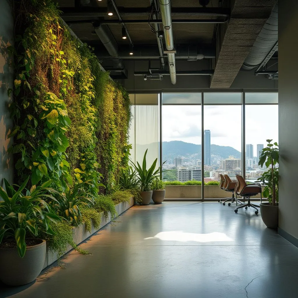 Oficina moderna y eco-amigable de la consultora con vista panorámica