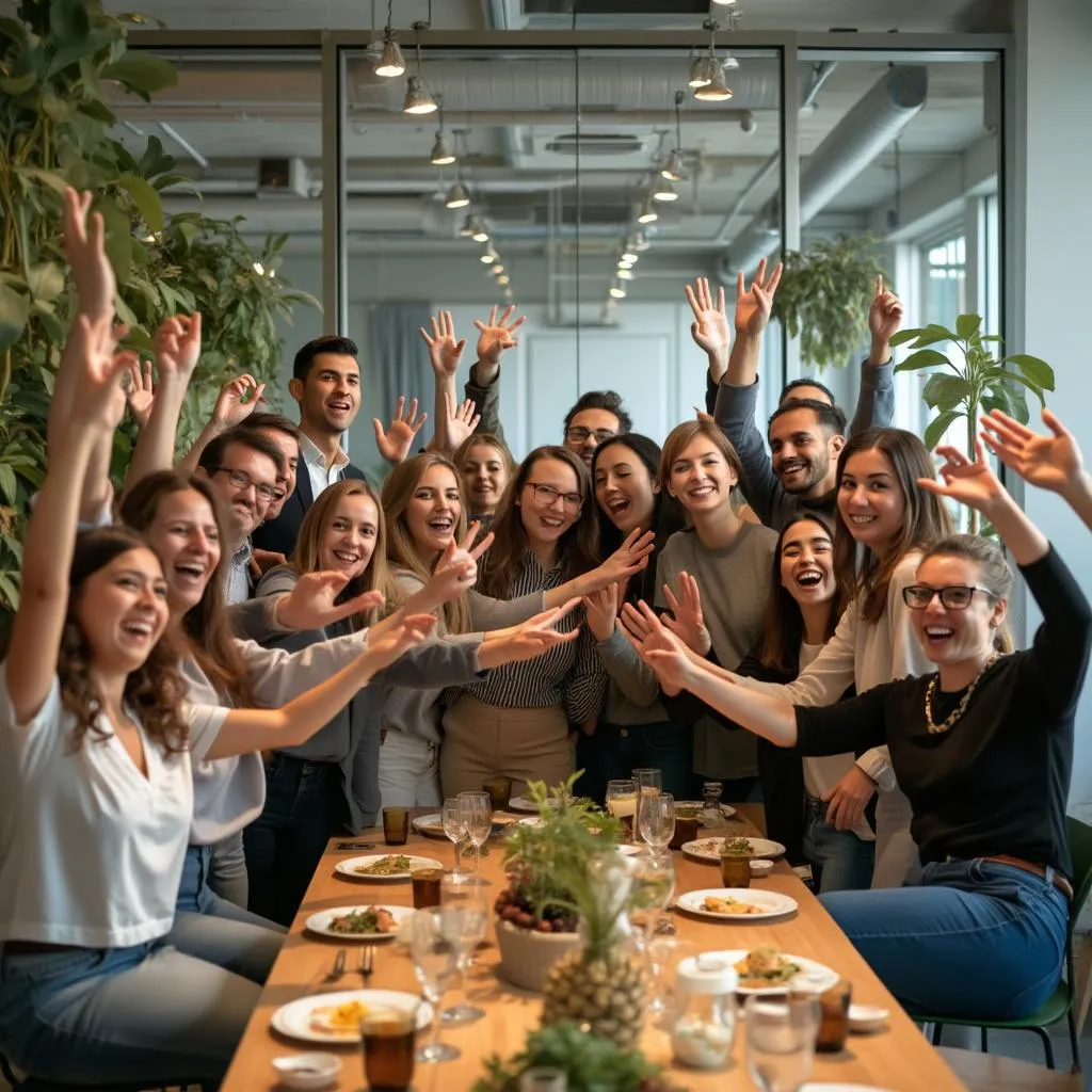 Equipo celebrando un hito importante para la empresa con confeti